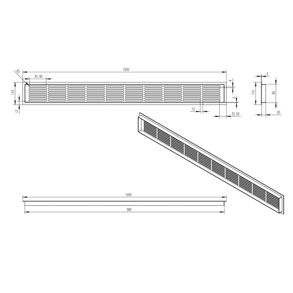Černá ventilační mřížka – 100x11 cm – 420 cm²
